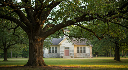 Obraz premium A wide shot of a mature oak tree with sprawling branches in the foreground, standing in a grassy area with an old white wooden schoolhouse in the background