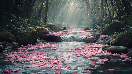 Enchanting Forest Stream Adorned with Blossoms A Serene Nature Scene. Explore a magical forest with a flowing stream, vibrant with blossoms, creating a peaceful landscape.