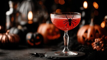 A spooky red cocktail with a spider design, surrounded by Halloween pumpkins and candles, creating an eerie festive atmosphere.