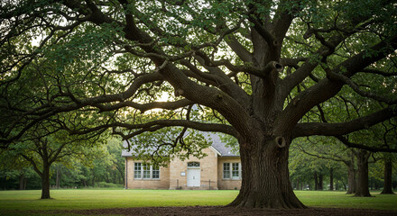 Obraz premium A wide shot of a mature oak tree with sprawling branches in the foreground, standing in a grassy area with an old white wooden schoolhouse in the background