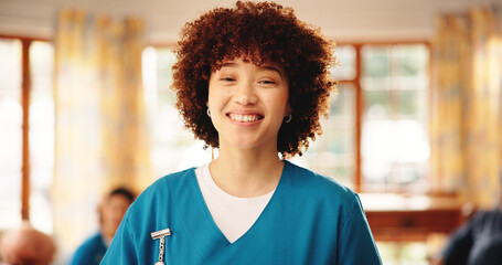 Portrait, girl and caregiver in nursing home for healthcare, elderly care and smile. Happy, nurse...