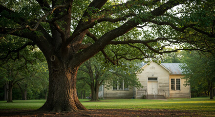 Fototapeta premium A wide shot of a mature oak tree with sprawling branches in the foreground, standing in a grassy area with an old white wooden schoolhouse in the background