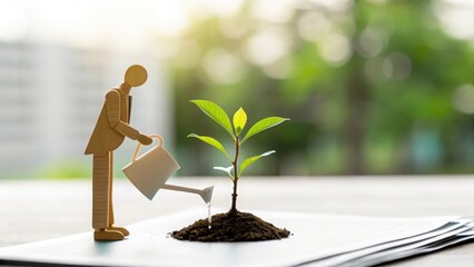 Wooden figure watering tree growing from corporate document — nurturing long-term environmental goals
