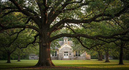 Fototapeta premium A wide shot of a mature oak tree with sprawling branches in the foreground, standing in a grassy area with an old white wooden schoolhouse in the background