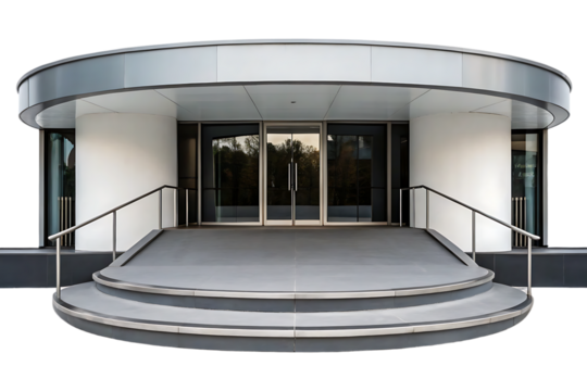 Modern curved entrance with glass doors and metal railings ramp steps