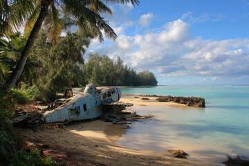 Wrecked airplane rests on sandy beach near turquoise ocean under cloudy sky with palm trees around