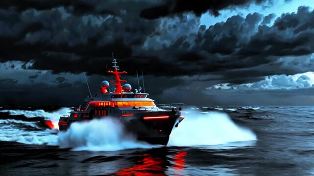A rescue boat speeding through the water during a storm, with dark clouds and a dramatic sky in the background.