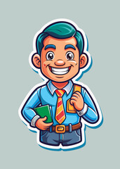 Smiling young male student in a light blue shirt. red and yellow striped tie. and dark pants holding books and carrying a light gold backpack. standing against a light gray background.