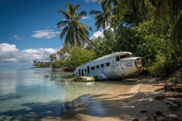 Wrecked airplane sits on a tropical beach with palm trees and blue water under a cloudy blue sky view