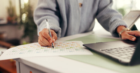 Hands, person and writing on document at house for planning, date reminder and schedule...