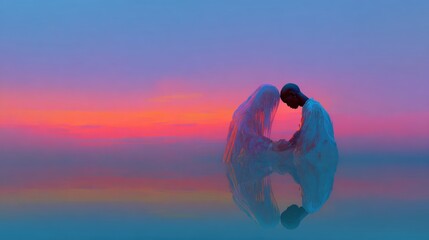 Two figures kneel facing each other, draped in ethereal fabric, against a vibrant sunset sky with reflections on water.