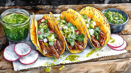 Delicious Tacos with Fresh Toppings A Culinary Illustration of Mexican Street Food Delight with Vibrant Colors and Artistic Style