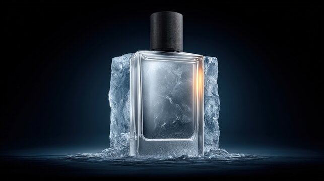 A sleek glass perfume bottle is set against a textured ice block, illuminated with a soft glow, creating a cool and luxurious atmosphere.