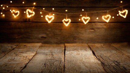 Warm heart-shaped string lights hanging against a rustic wooden background, creating a cozy and romantic atmosphere.
