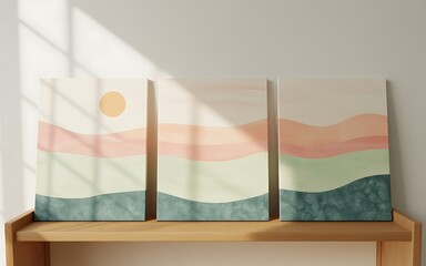 Abstract landscape triptych art painting