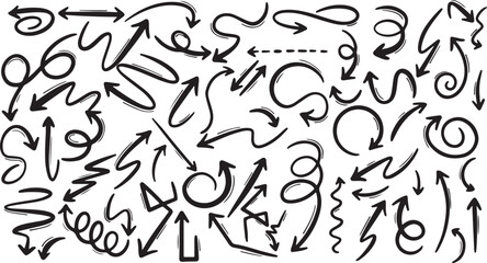 Bold Doodle Arrows Set – Hand-Drawn, Direction, Pointer, Sketch, Marker, Messy, Movement, Icon, Vector, Outline