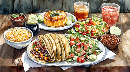 Authentic Mexican Fiesta Tacos, Queso, and Refreshing Drinks for a Vibrant Celebration, featuring a colorful watercolor depiction of a festive culinary experience.