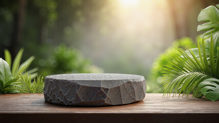 Empty Raw Granite Cylinder Product Platform on Dark Wood, Surrounded by Tropical Forest with Golden Light Leaks, Clean Minimal Summer Scene