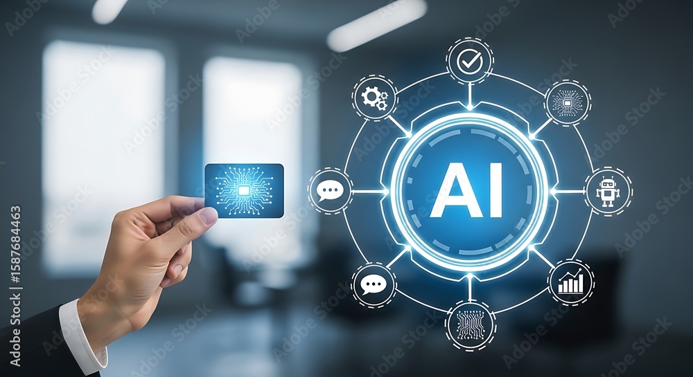 Aufkleber hand holding circuit chip with ai network artificial intelligence
