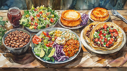 Colorful vegetarian spread with fresh salads, savory pies and bean-filled tacos on a rustic wooden table in inviting watercolor style.