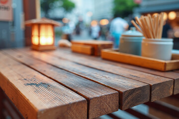 Close-up of Raw Wooden Table with Lantern Glow and Chopstick Rest, Chef Preparing Summer Dishes in Blurred Street Food Restaurant, Inviting Atmosphere