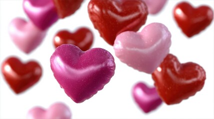 Obraz premium Colorful heart-shaped candies in pink, red, and purple floating against a white background, creating a sweet and romantic atmosphere.