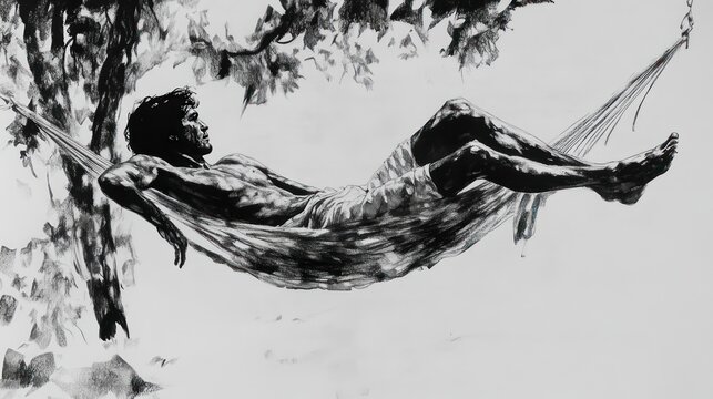 Black and white sketch of man resting in hammock
