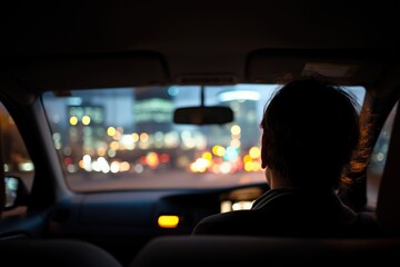 Person sitting in car looking out the window at city lights  
