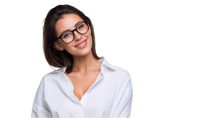 Studio portrait of a smiling businesswoman in glasses, confidently posing with a cheerful expression