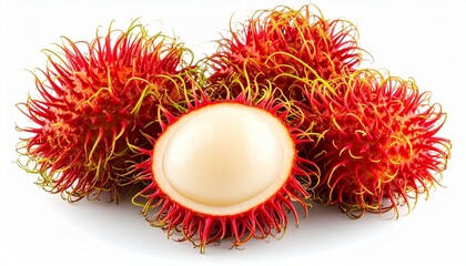Fresh Rambutan Vibrant Tropical Fruit Display with Red Spiky Shells, Juicy Pulp, and Sweet Flavor, Captured in Crisp Detail