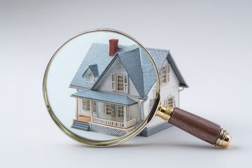 Magnifying glass focusing on a neighborhood with houses and trees for real estate property search