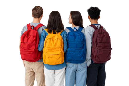 Back view of diverse students with colorful backpacks, ready for school or college, isolated on transparent background