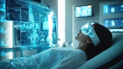 Woman in hospital bed wearing vr headset looking at floating medical data interfaces in futuristic setting