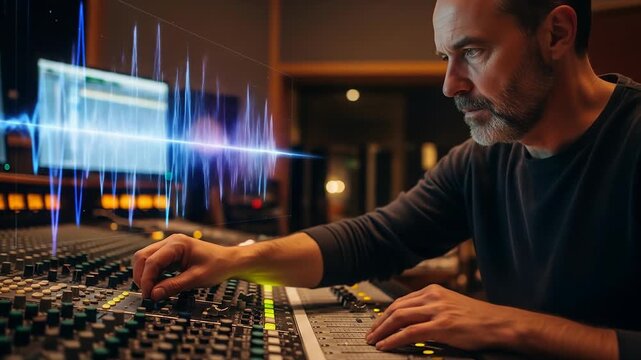 Closeup view of professional sound engineer working on audio mixing console in recording studio
