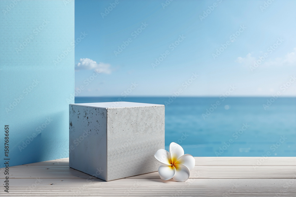 Poster clean 3d rendered summer lifestyle scene with an empty matte concrete cube platform, set against a s