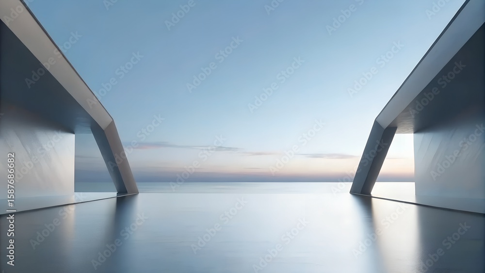 Poster 3d render of symmetrical metallic frames over reflective ocean in minimalist sunset composition