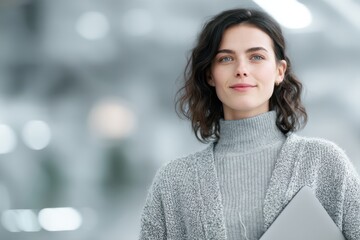 Confident woman holding laptop smiles in bright office wearing cardigan and turtleneck sweater indoors