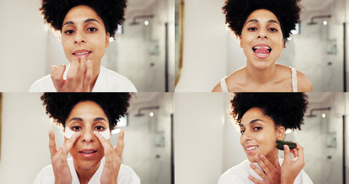 Woman, portrait and collage in bathroom for skincare, morning routine and anti aging treatment. African girl, mirror POV and montage in home with gua sha, eye pads and self care practice for wellness - Powered by Adobe
