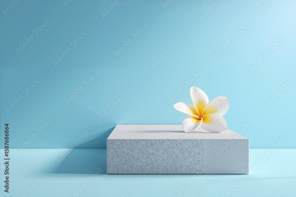 Poster clean 3d rendered summer lifestyle scene with an empty matte concrete cube platform, set against a s