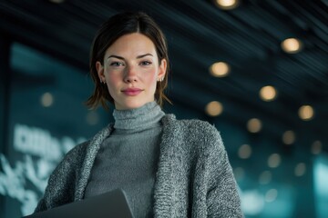 Confident woman with short hair poses wearing a sweater and turtleneck holding a laptop computer device