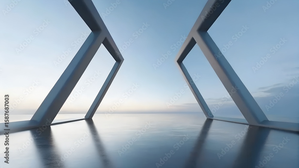 Poster 3d render of angled geometric frames over reflective surface with clear horizon in minimalist sunset