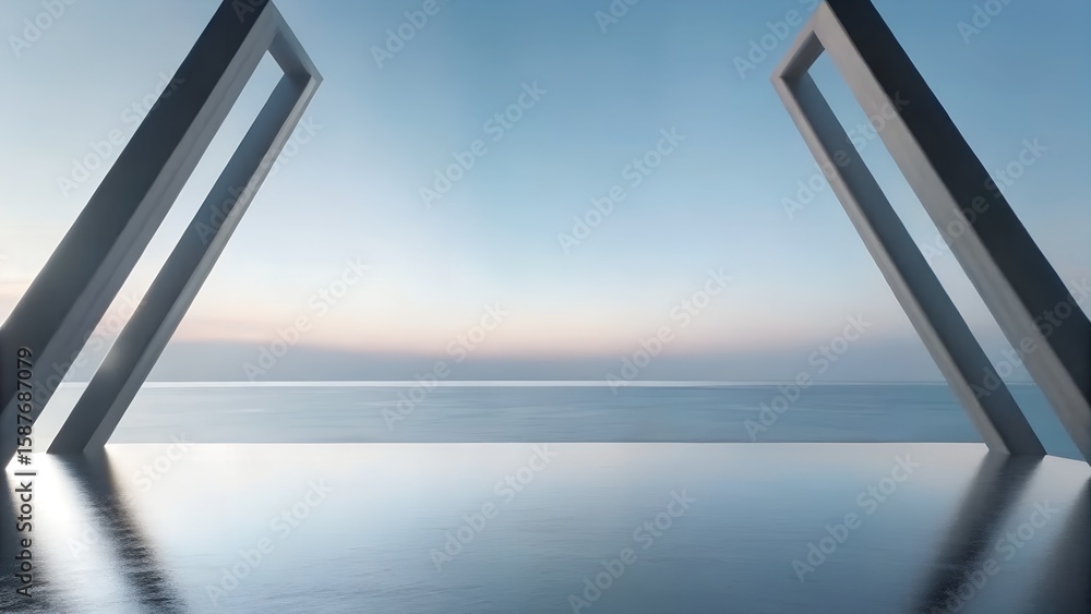 Poster 3d render of angled triangular structures framing reflective ocean horizon in minimalist dusk scene