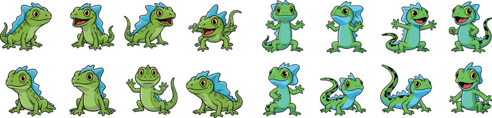 Obraz premium Cartoon vector set of green and blue frilled lizards in various poses and expressions isolated on white background.