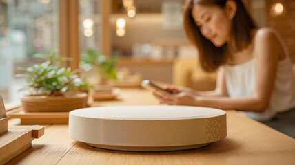 Empty smooth light beige sandstone cylinder platform with fine natural grains on a clean wooden table in an Asian food restaurant, with  a woman capturing a photo,serene summer dining mood