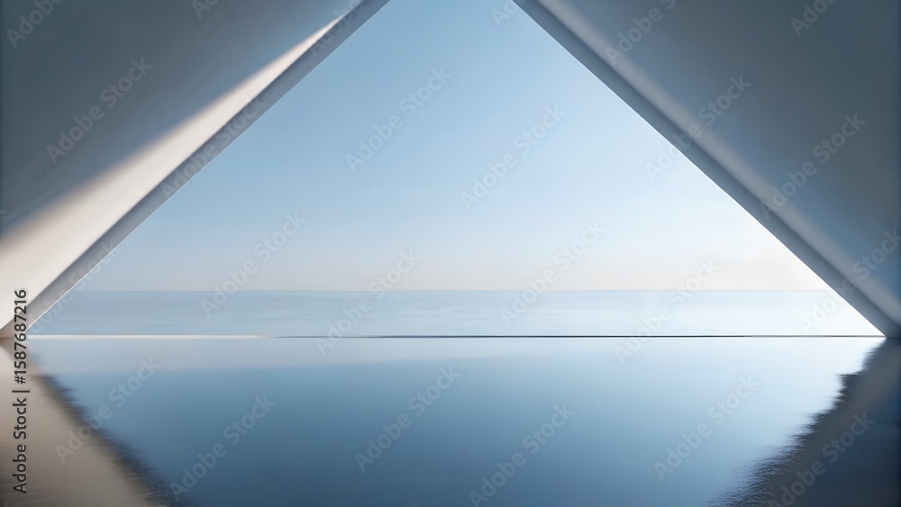 Poster 3d render of triangular architectural opening over reflective ocean with clear sky at sunset
