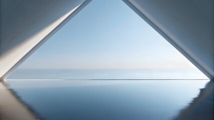 3D Render of Triangular Architectural Opening Over Reflective Ocean with Clear Sky at Sunset