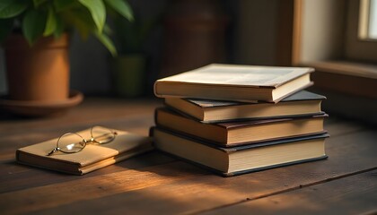 Stack of books, stationery on textured wooden table. Golden hour light, warm tones, intriguing atmosphere
