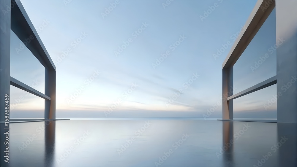 Poster 3d render of parallel rectangular frames over reflective ocean horizon in minimalist twilight scene