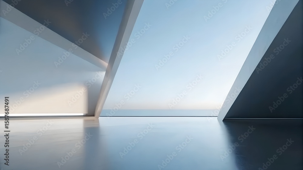 Poster 3d render of dual triangular structures framing reflective minimalist landscape at golden hour
