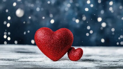 Red heart decoration glitter snow winter romantic love festive cold celebration holiday atmosphere warm emotion bokeh lights wooden surface snowy background textured symbol